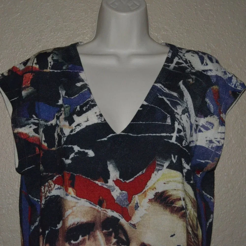 NWOT Sz S Printed Artworks Cashmere Blend Cap Sleeve V-Neck Tunic Sweater